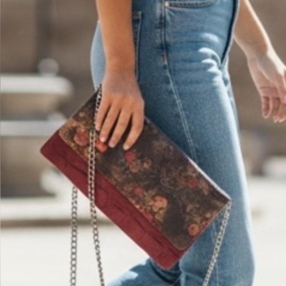 Maurizio Taiuti Italy Leather Clutch Bag Floral & Burgundy Croc Embossed (Rare)